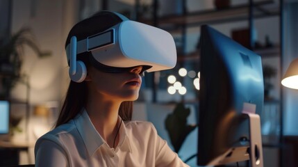 Poster - A stylish minimalist workspace with a person using a virtual reality headset, surrounded by clean lines and soft lighting, Immersive technology scene