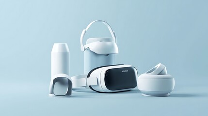 Poster - Futuristic White VR Headset and Accessories on a Light Blue Background