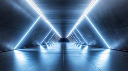 Canvas Print - Futuristic tunnel glowing with vibrant neon lights forming triangles on a reflective surface, showcasing modern design