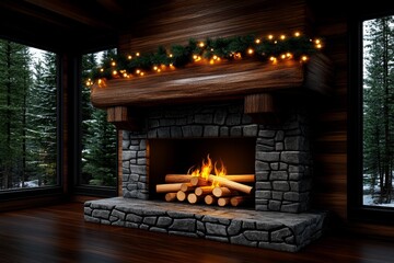 Poster - 3D digital illustration of a rustic fireplace with wooden logs, animated flames, and warm lighting