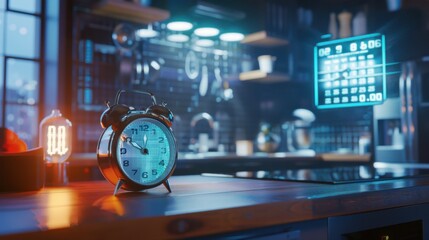 Poster - a traditional clock with a holographic digital calendar floating above it, set on a modern kitchen c