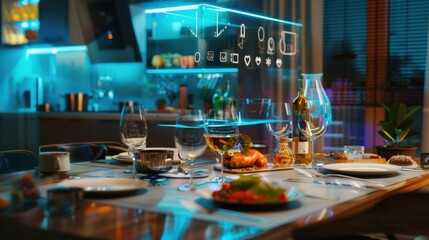 Poster - A traditional family dinner setup with a virtual assistant hologram displaying a cooking tutorial, placed in a modern dining room