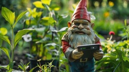 Poster - A traditional garden gnome with a digital tablet showing real-time plant growth stats, placed in a contemporary garden, symbolizing the blend of classic garden ornaments and modern technology
