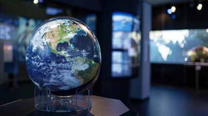 Poster - A traditional globe with augmented reality overlays showing global weather patterns, placed in a contemporary weather station