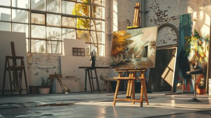 Poster - A traditional painting easel with a digital canvas showing augmented reality art, set in a modern art studio, symbolizing the blend of classic artistic expression and digital creativity