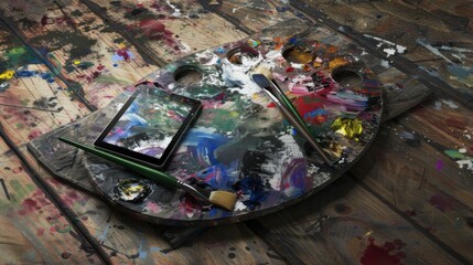 Poster - A traditional painting palette with a digital tablet integrated into it, lying on an artist闁炽儲鐛�wooden table, symbolizing the merger of traditional and digital art forms