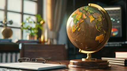 Poster - A vintage globe with a digital interface displaying real-time weather patterns, placed in a contemporary study room, symbolizing the blend of geographical exploration and modern meteorological data