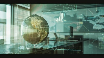 Poster - A vintage globe with digital overlays showing real-time global news, set in a minimalist office, symbolizing the merger of traditional geography tools and modern information streams