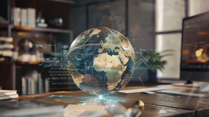 Poster - A vintage globe with digital overlays showing real-time global news, set in a minimalist office, symbolizing the merger of traditional geography tools and modern information streams