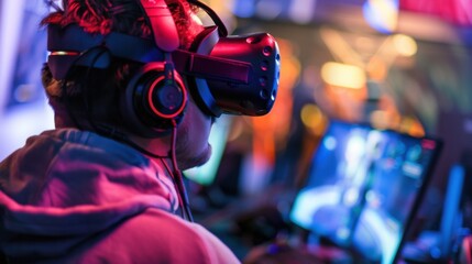 Poster - A virtual reality gaming tournament with competitive gamers and immersive gaming setups, eSports event scene, Virtual reality style