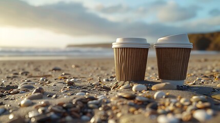 Two paper cups of coffee on the sand against the background of the sea