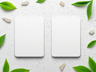 Wall Mural - Minimalist card mockup on terrazzo surface with green leaves and stones. This serene composition highlights simplicity and nature beauty, perfect for showcasing designs