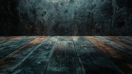 Poster - Abstract image of a dark room with textured wooden and concrete floor, creating a moody atmosphere