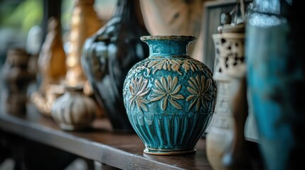 Poster - Teal Ceramic Vase with Intricate Floral Design on a Wooden Shelf