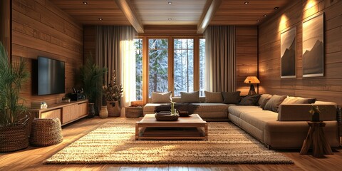 Wall Mural - A cozy, Scandinavian-inspired interior design featuring warm wood accents, textured rugs, and soft lighting.