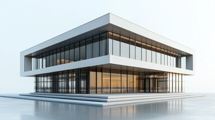 Poster - Detailed 3D render of contemporary building in isometric perspective, with reflective glass surfaces