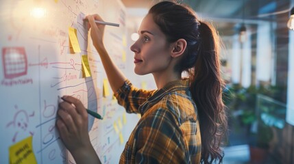 Aufkleber - A young entrepreneur brainstorming ideas on a whiteboard in a modern office space, Startup scene, Creative style