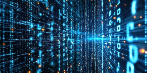 A data network concept with glowing streams of binary code flowing between interconnected nodes in a digital space.