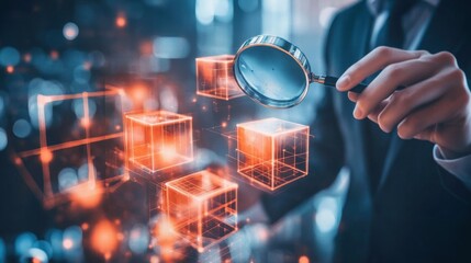 Poster - Floating cubes analyzed by businessmen with magnifiers; visual metaphor for case study analysis and strategic market research
