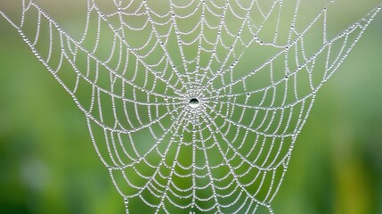 Poster - Fresh dewdrops on spider web, with a smooth green background; captures morning serenity and nature's details