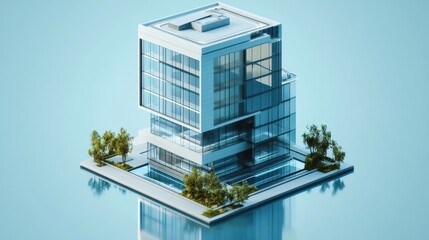 Poster - Isometric 3D render of a modern building, reflective surfaces showcasing architectural details