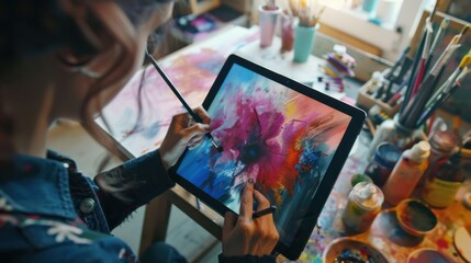Poster - An artist creating digital artwork on a tablet in a minimalist studio space, Digital artistry theme, Contemporary style
