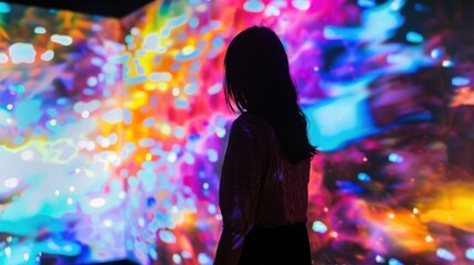 Poster - An artist creating digital installations that respond to viewer interactions through motion sensors and augmented reality projections, Interactive art scene, Avant-garde style