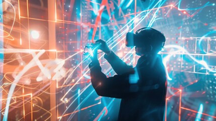 Poster - An artist creating digital sculptures and interactive installations in a virtual gallery space, Digital art exhibition scene, Avant-garde style
