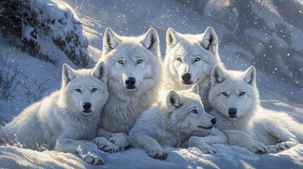  A serene gathering of Arctic wolves in a snowy landscape, showcasing their majestic beauty and gentle interaction in the winter wilderness, evoking calm and tranquility