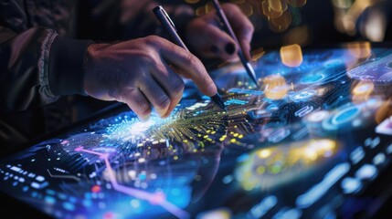 Poster - An artist using a digital pen to create intricate designs on a tablet, with virtual art galleries displayed around them, Digital artistry scene