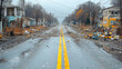 © ภูริพัฒน์ ภิรมย์กิจ - Desolate Street: A somber view of a war-torn street, showcasing the aftermath of conflict and the devastation left behind. The road is littered with debris, the buildings damaged.
