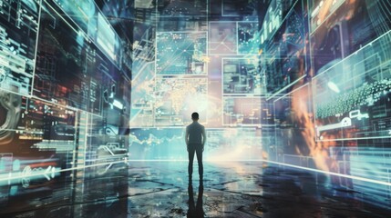 Poster - An artistic portrayal of a person surrounded by virtual art installations in a futuristic gallery, Digital Art scene, Artistic style