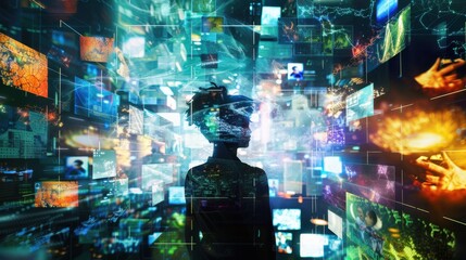 Aufkleber - An artistic portrayal of a person surrounded by virtual screens displaying diverse cultures and traditions, Cultural Diversity scene, Artistic style