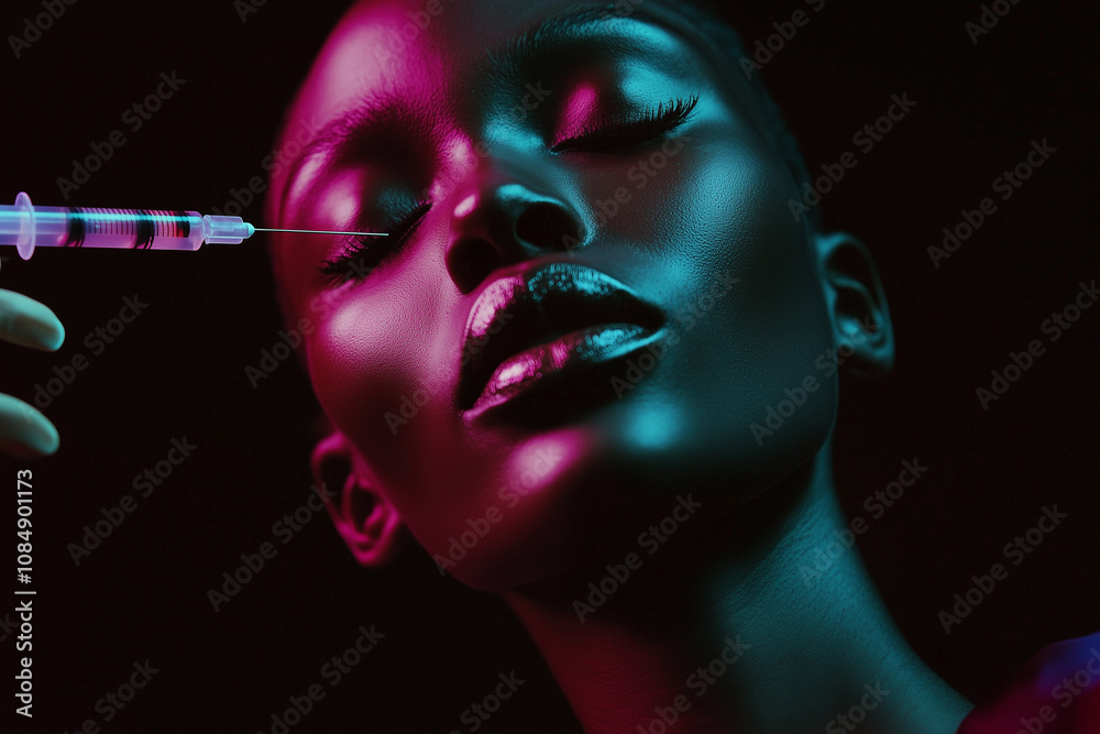 Beautiful woman model with needle illustrating concept of using filler ...