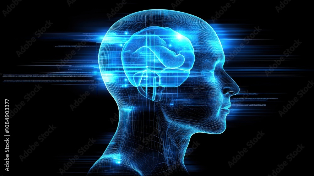 Neon Silhouette of a Human Head with Futuristic Brain Visualization and ...