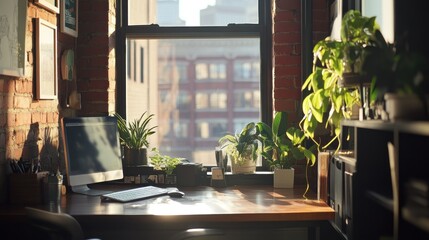 Aufkleber - Sunlit Workspace with Plants and a Computer by a Window