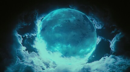 Wall Mural - Stunning Celestial Sphere Surrounded by Ethereal Clouds Illuminated with Mystical Blue Glow in a Dark Starry Night Sky