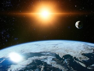 Wall Mural - Majestic View of Earth from Space with Rising Sun and Moon, Capturing the Beauty of Our Planet and Cosmic Surroundings in Stunning Detail and Colors