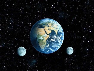 Wall Mural - Stunning View of Earth Surrounded by Stars with Two Moons in Space Against a Dark Cosmic Background Highlighting Planetary Beauty and Celestial Wonders
