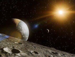 Wall Mural - Stunning Cosmic Landscape Featuring Earth-Like Planet, Two Moons, and Sun Amid Sparkling Stars and Moon Surface Details in a Vast Universe