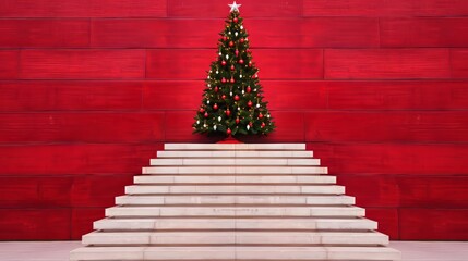 Wall Mural - christmas tree on white stairs, red wall.
