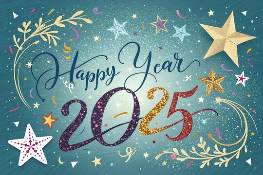 christmas Happy New Year 2025 celebration greeting card with colorful confetti and Fireworks