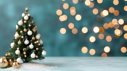 Wall Mural - festive miniature christmas tree with gold and white ornaments, snowy base, teal background, bokeh l