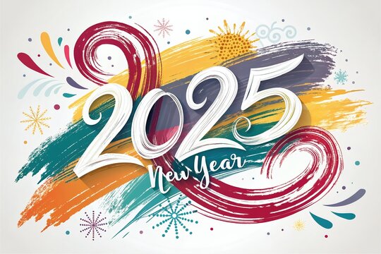 abstract background with splashes Happy New Year 2025 celebration greeting card with colorful confetti and Fireworks