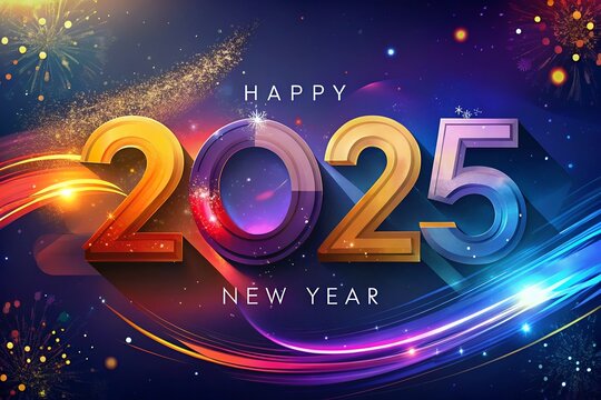 Happy New Year 2025. Geometrical modern style with colorful confetti and Fireworks