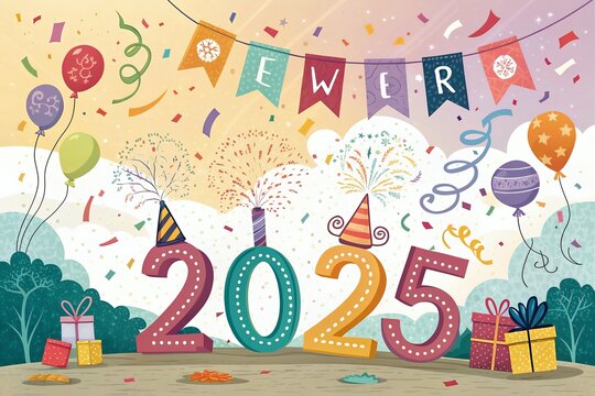 birthday party background Happy New Year 2025 celebration greeting card with colorful confetti and Fireworks