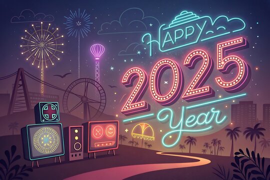 Happy New Year 2025 celebration greeting card with colorful confetti and Fireworks