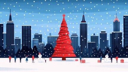 Wall Mural - snowy city christmas scene with large tree.
