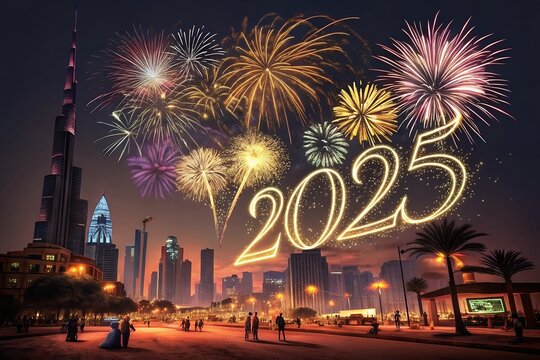 Gold Happy New Year 2025 message balloons with decoration party.