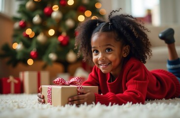 Portrait of adorable african american girl making wish list of presents, writing letter to Santa on floor near Christmas tree.